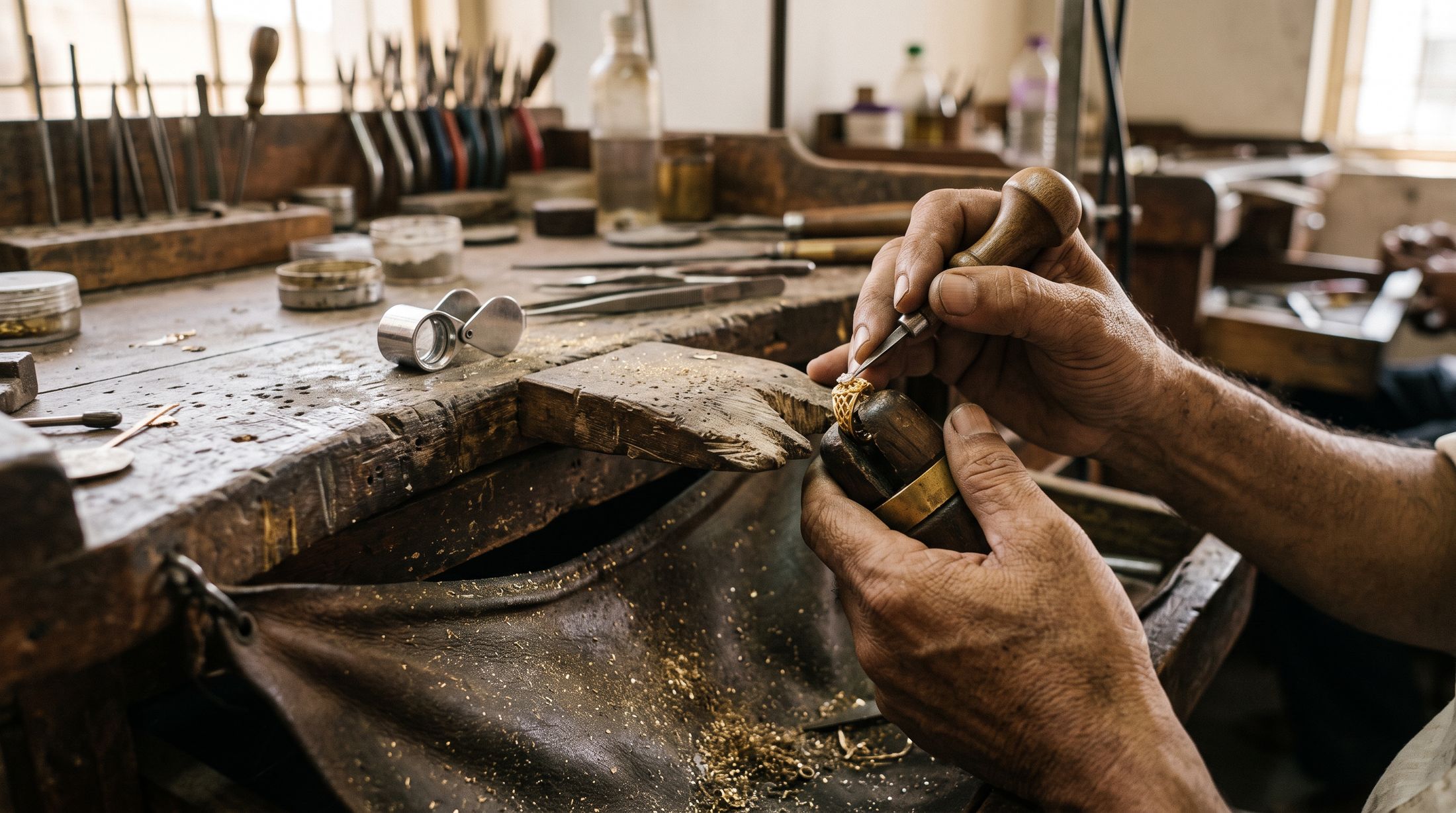 A jeweller’s hands setting a gold piece at the bench in our Surat atelier