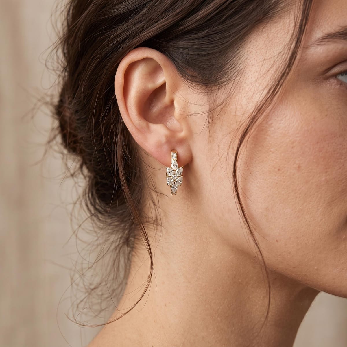 Floral pear diamond cluster huggie hoop earrings