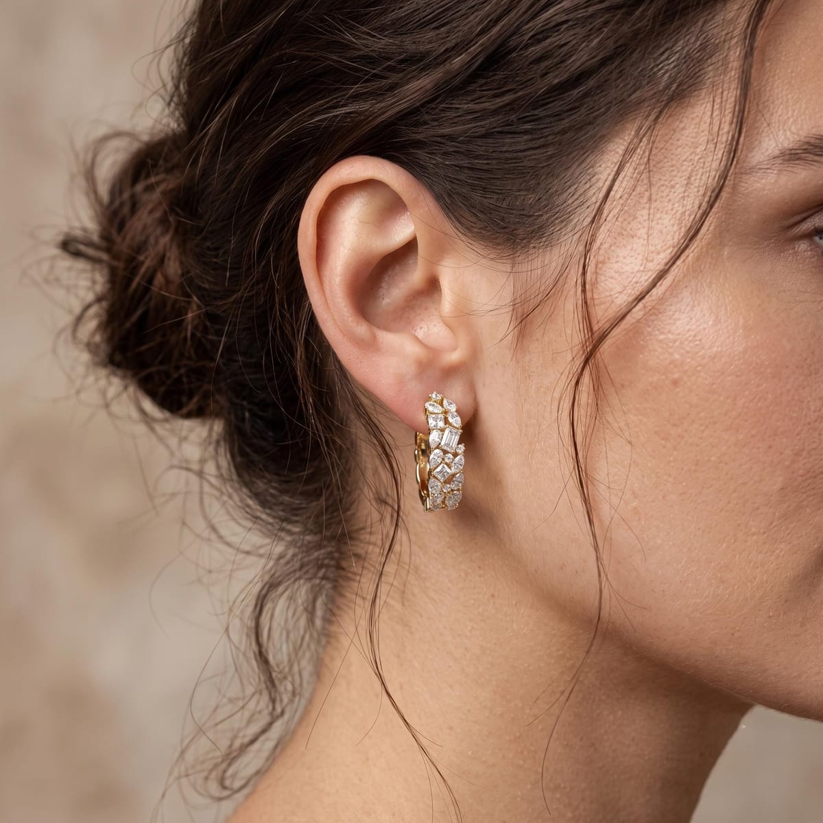 Wide mosaic cluster diamond huggie earrings
