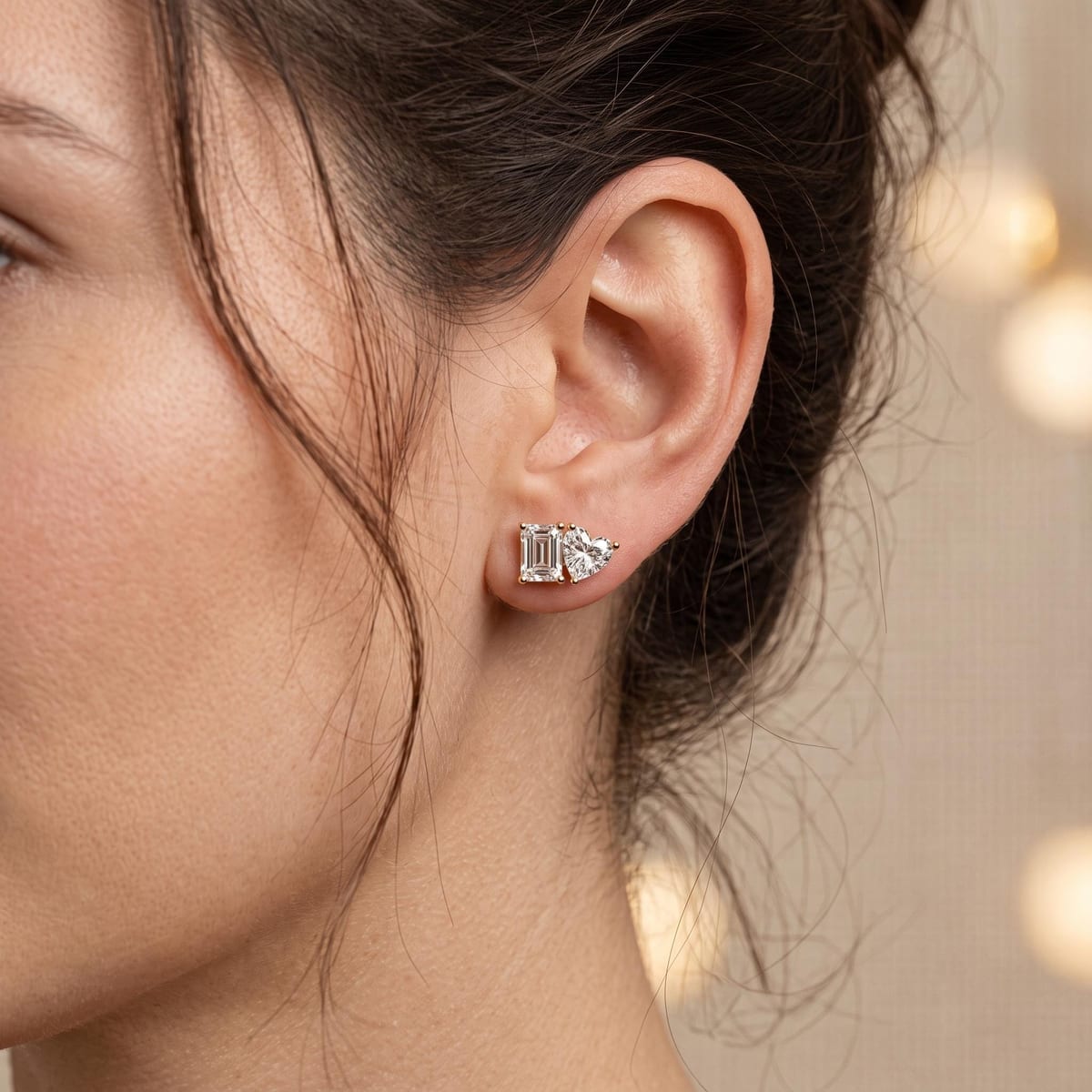 Toi et Moi heart and emerald-cut diamond studs