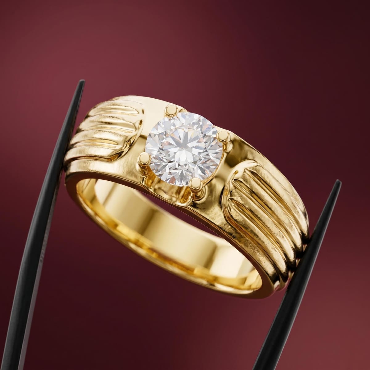Men's grooved round diamond solitaire ring