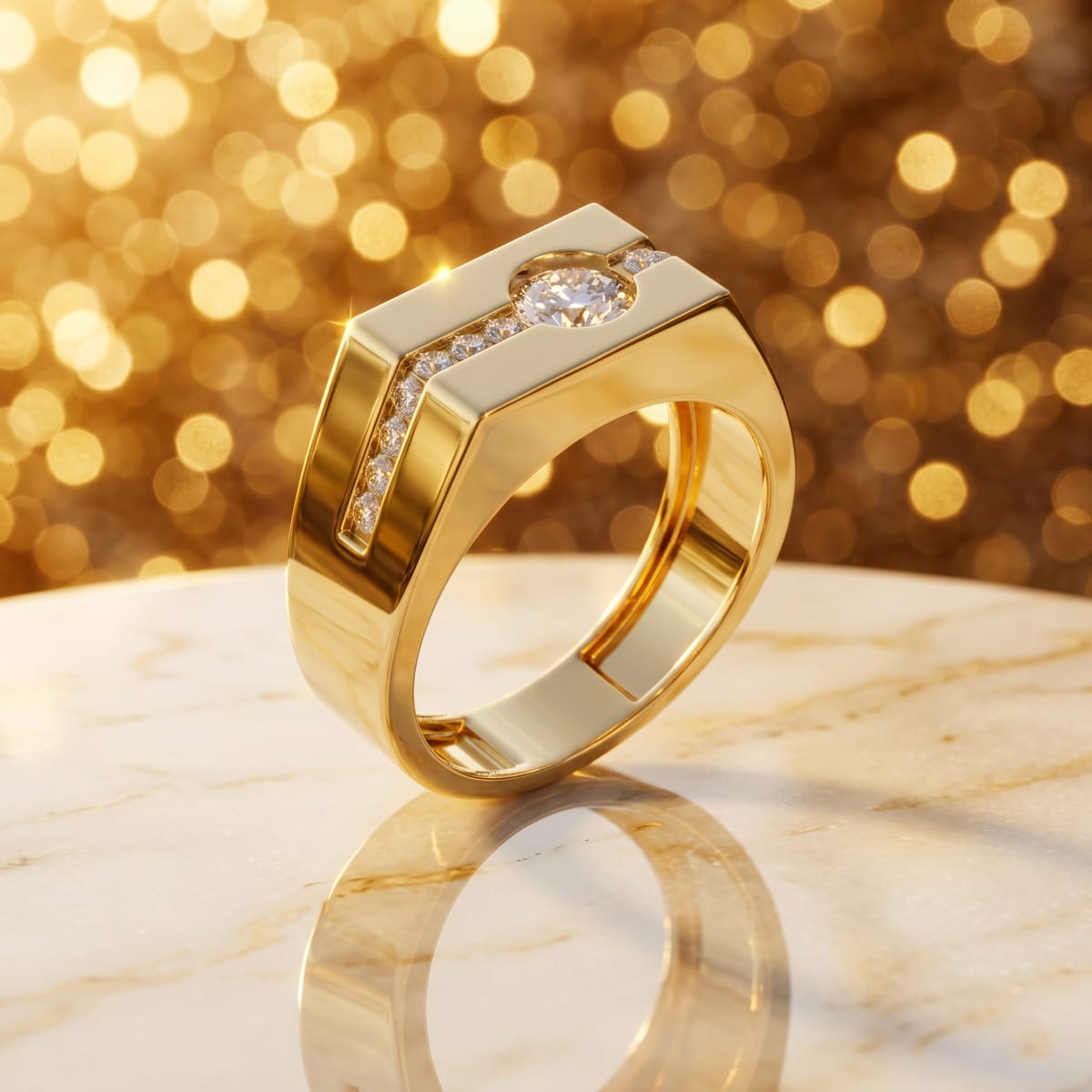 Men's signet solitaire ring with channel diamonds