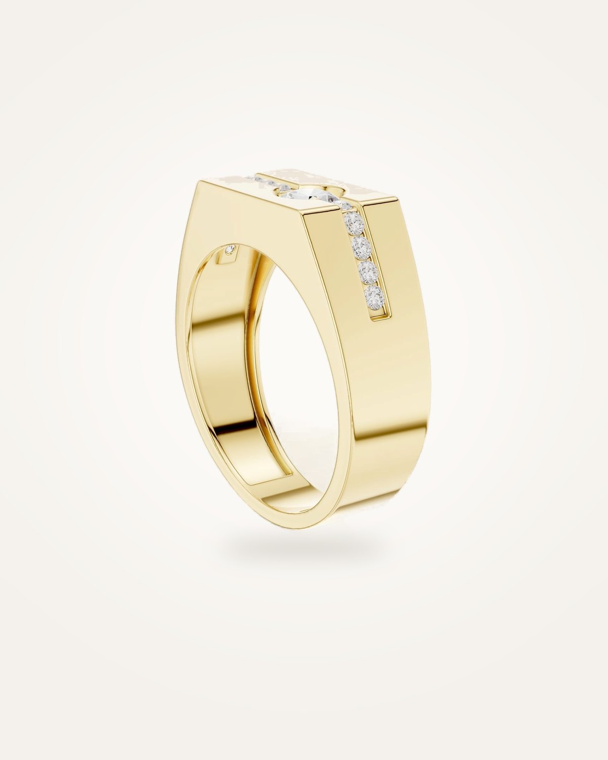 Men's signet solitaire ring with channel diamonds