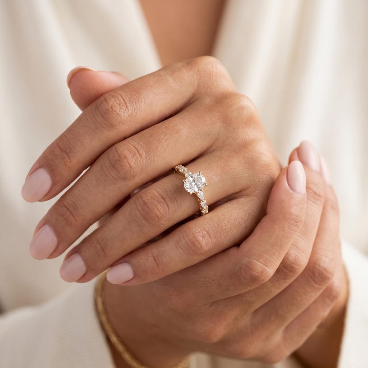Elongated oval-cut engagement ring