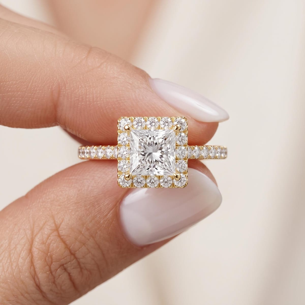 Princess-cut halo engagement ring