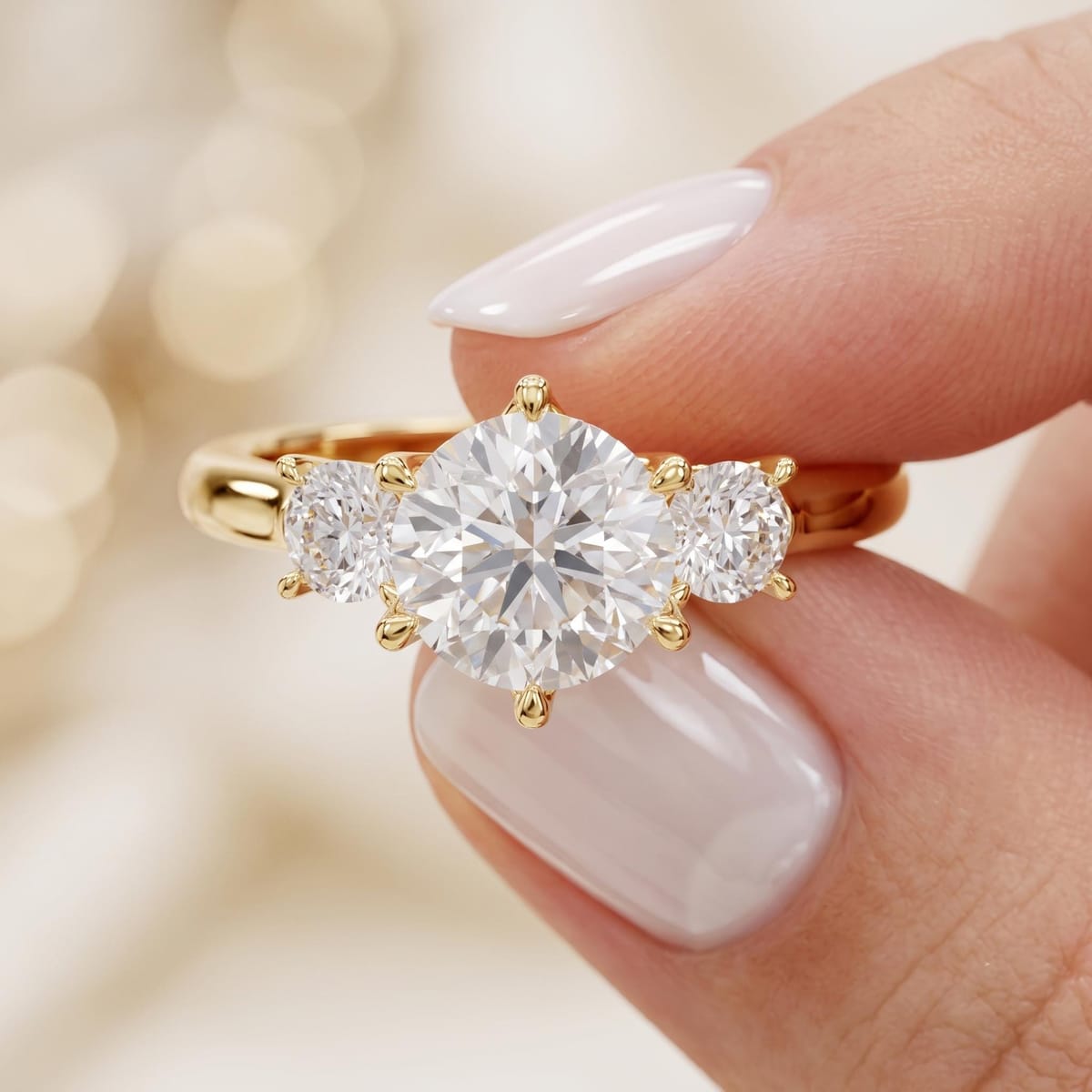 Round-cut three-stone engagement ring, 1.9 ct