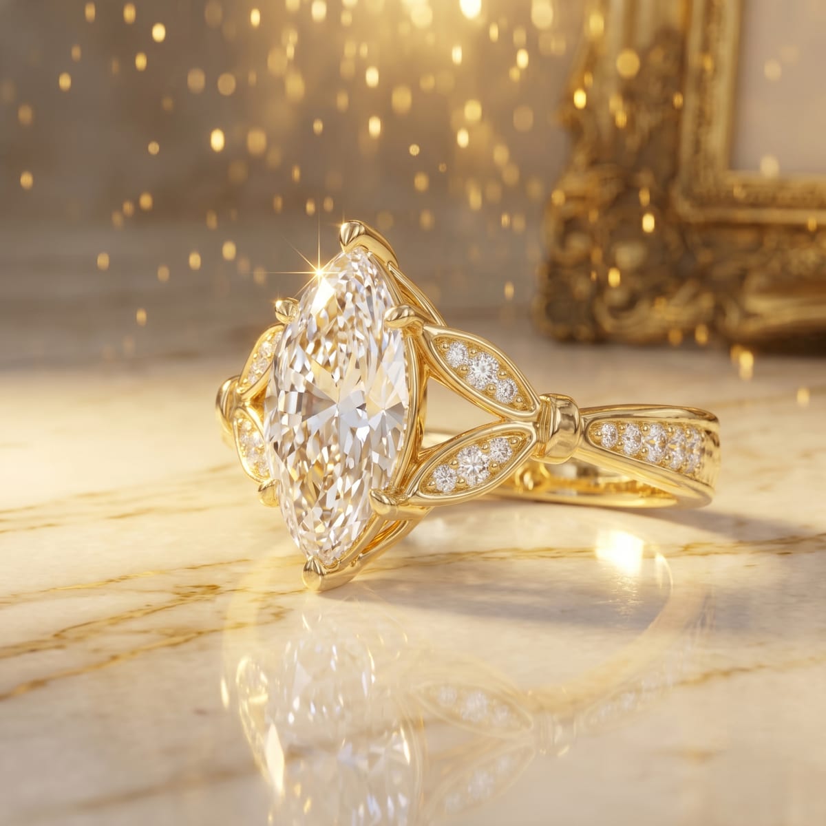 Marquise diamond ring with pavé band