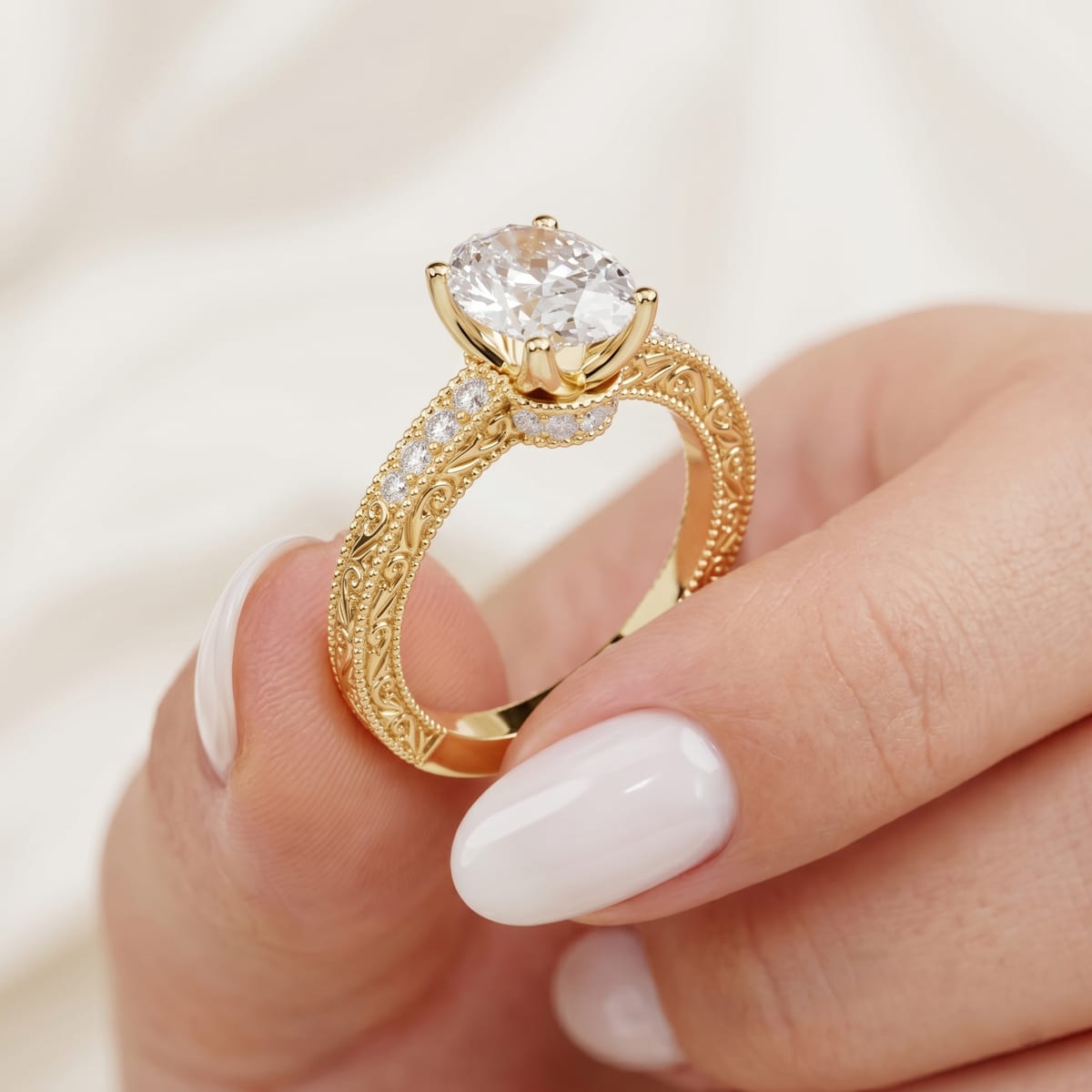 Vintage engraved oval diamond ring, 2 ct